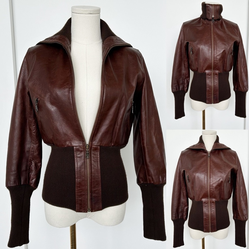 Vintage VIA CONDOTTI Brown Leather Fitted Waist Cropped Style Jacket